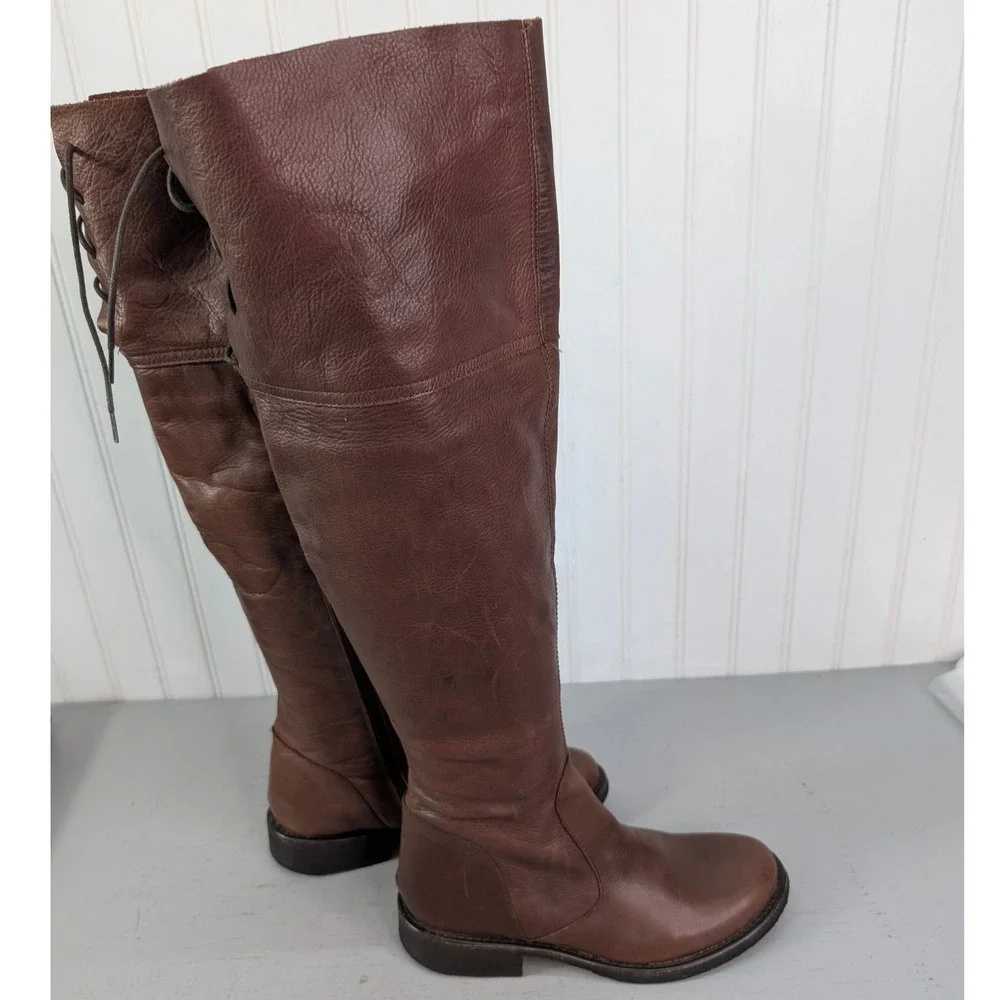 Steve Madden Omegaa Knee High Leather Boots‎ Womens Sz 8 Brown Lace Up Back Boho